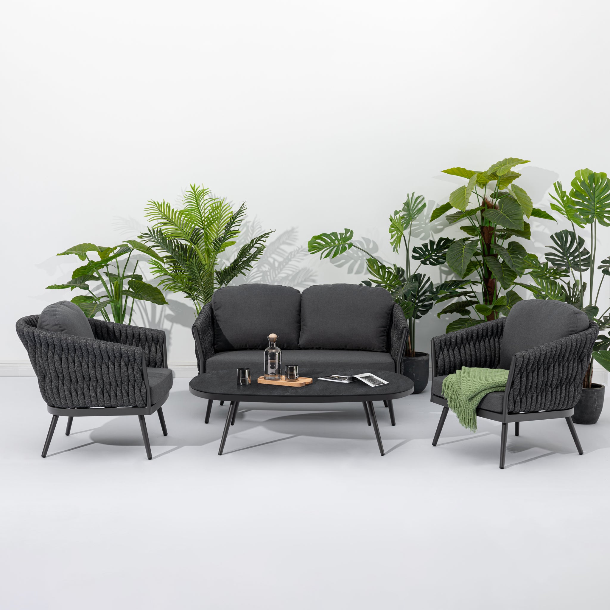 Palma 2 Seat Rope Sofa Set with Ceramic Table in Grey