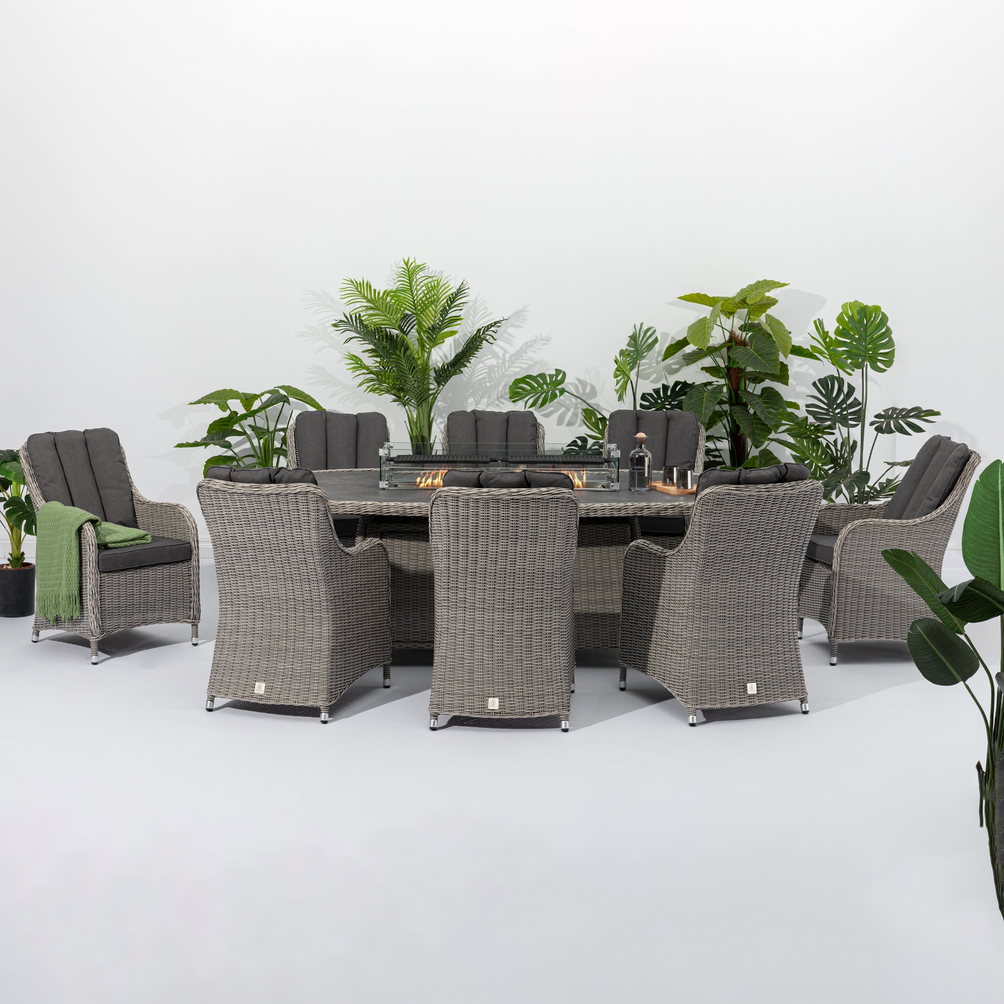 Santiago 8 Seat Rattan Oval Firepit Dining Set in Grey