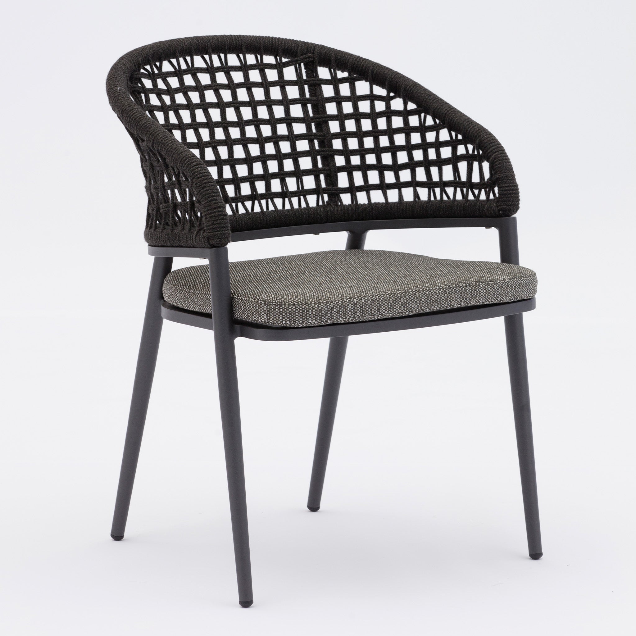 A black modern wicker chair with a woven backrest and a cushioned seat on four angled metal legs, perfect for complementing the Kalama 8 Seat Rectangular Dining Set with Teak Table in Charcoal.