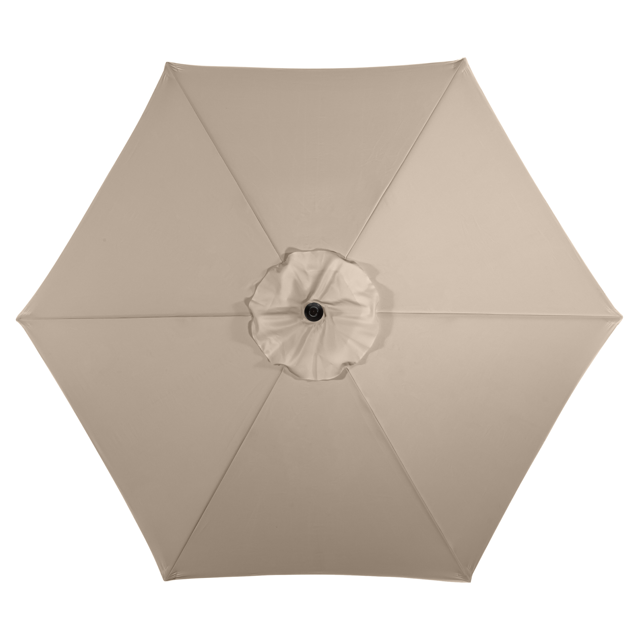 Top view of the Triton 2.5m Round Aluminium Parasol in Khaki, showcasing its beige six-panel canopy and central hub, made with fade-resistant fabric and a UV rating of 50+.