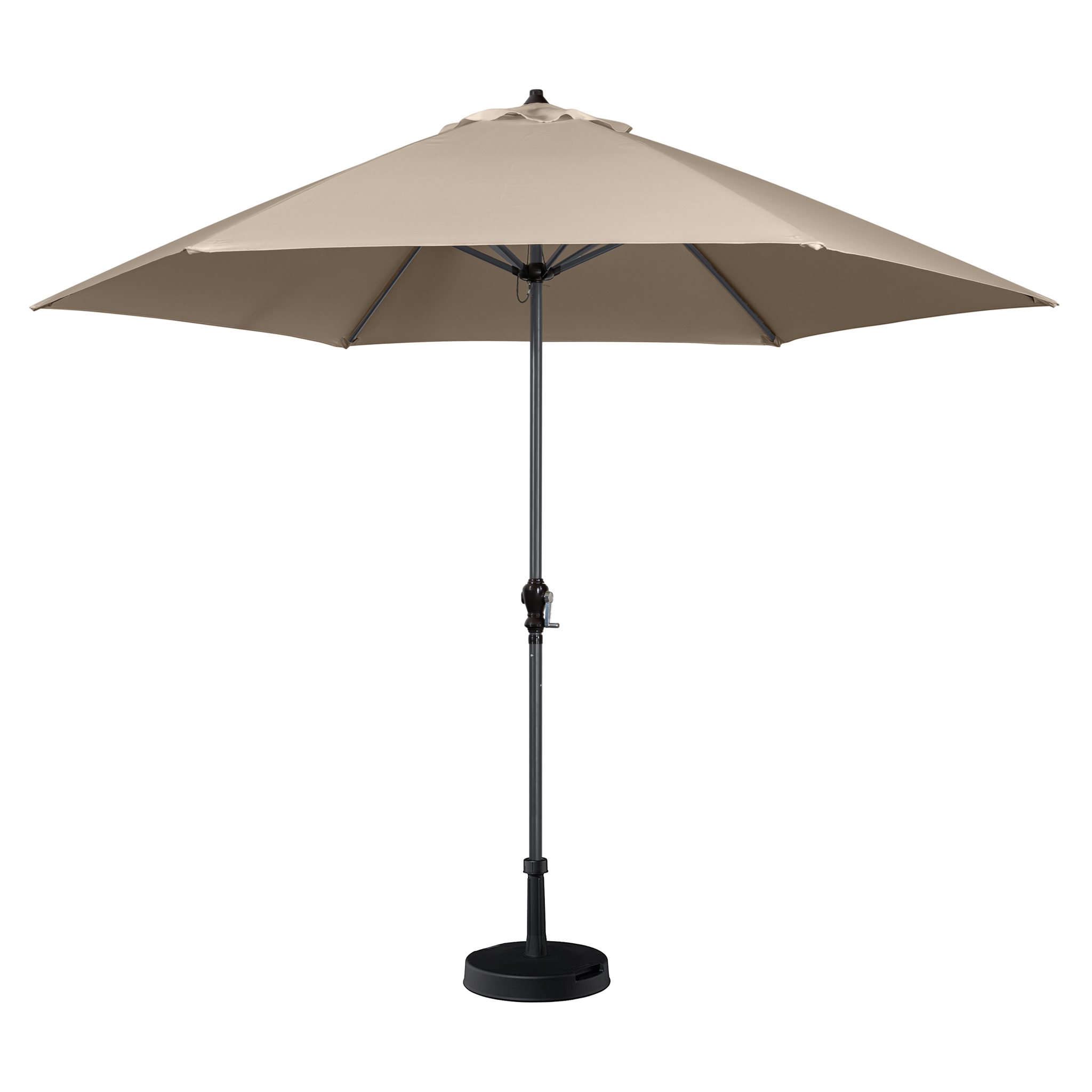 The Triton 3m Round Aluminium Parasol in Khaki, featuring a UV-protected and fade-resistant canopy along with a sturdy black metal pole and round base, is shown fully opened on a white background.