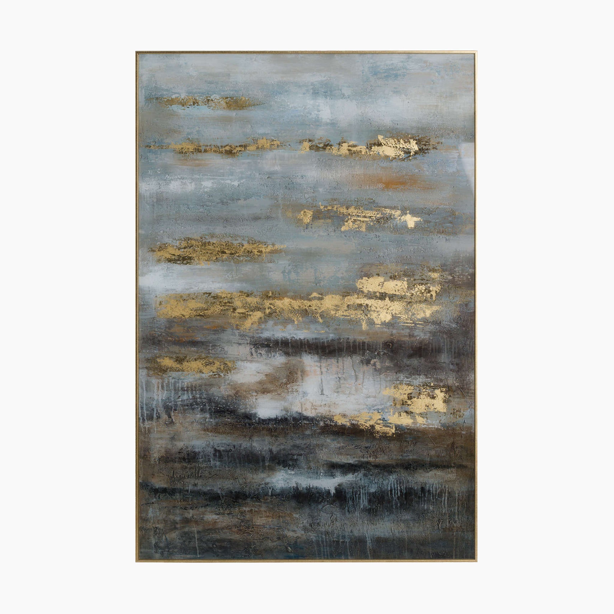 Large Abstract Grey And Gold Glass Image With Gold Frame