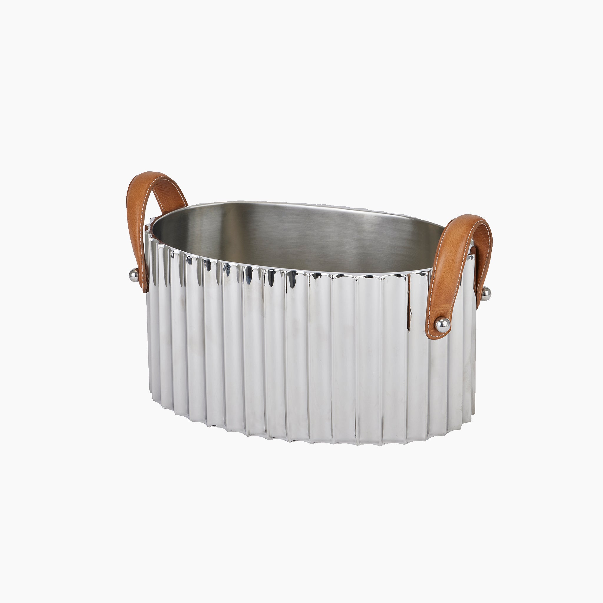Large Silver Fluted Leather Handled Champagne Cooler