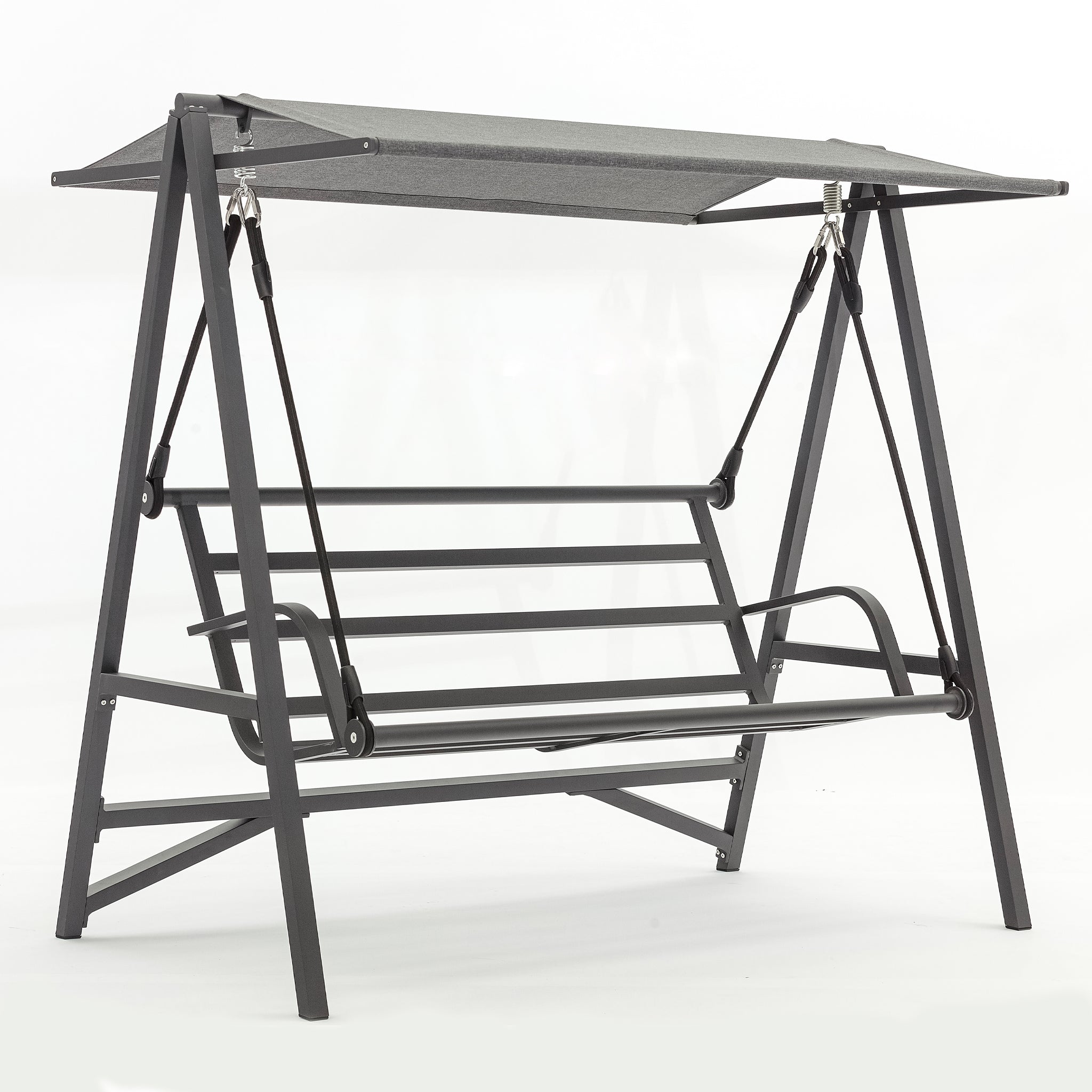The Lima Aluminium Swing Seat in Washed Grey boasts a powder-coated aluminium frame and an olefin canopy, presenting a durable and elegant gray metal swing with a comfortable bench seating area, ideal for outdoor use.