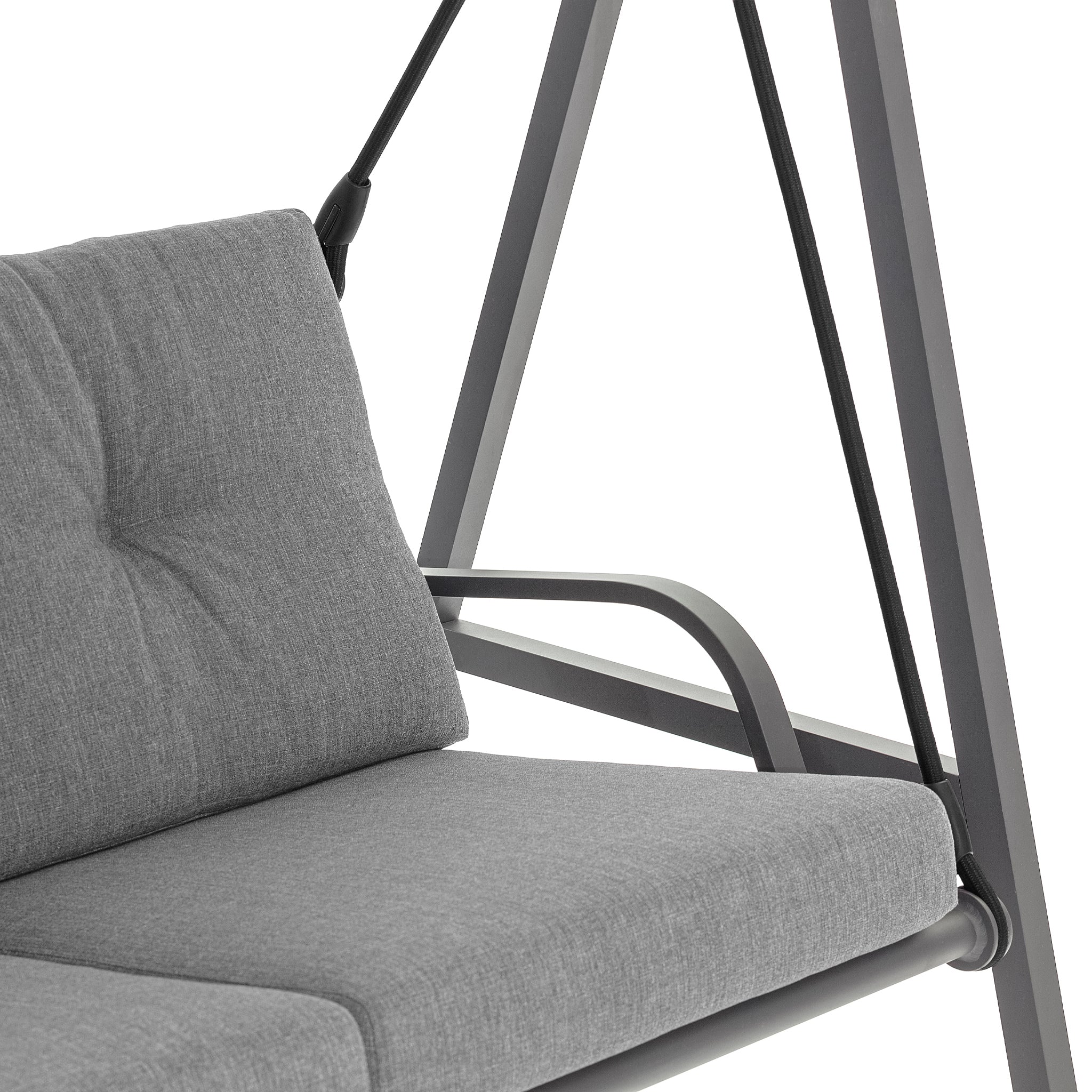 Close-up of the Lima Aluminium Swing Seat in Washed Grey, featuring a gray cushion and olefin canopy, supported by a sturdy powder-coated aluminium frame with armrests.