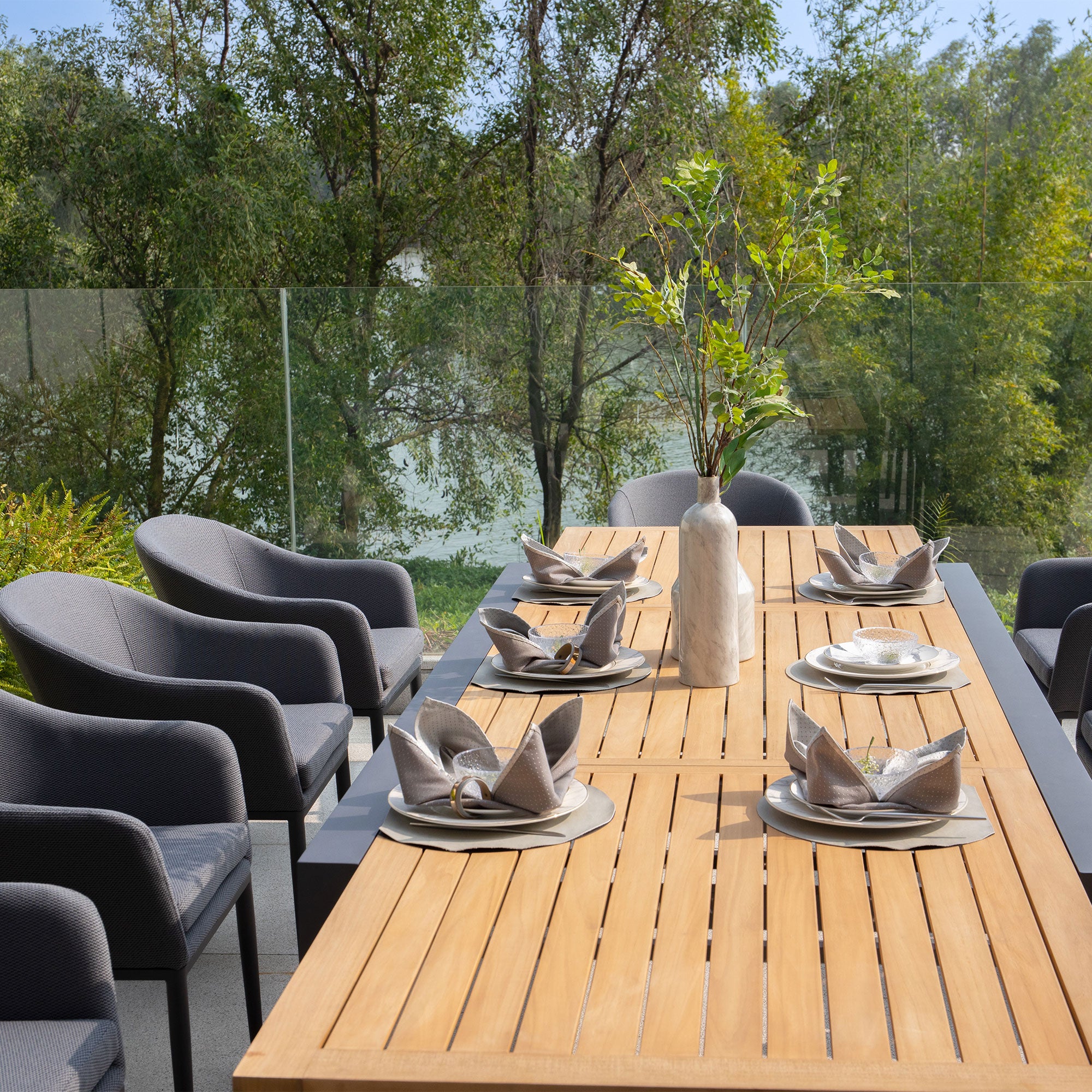 Luna 10 Seat Outdoor Fabric Extending Teak Dining Set in Grey