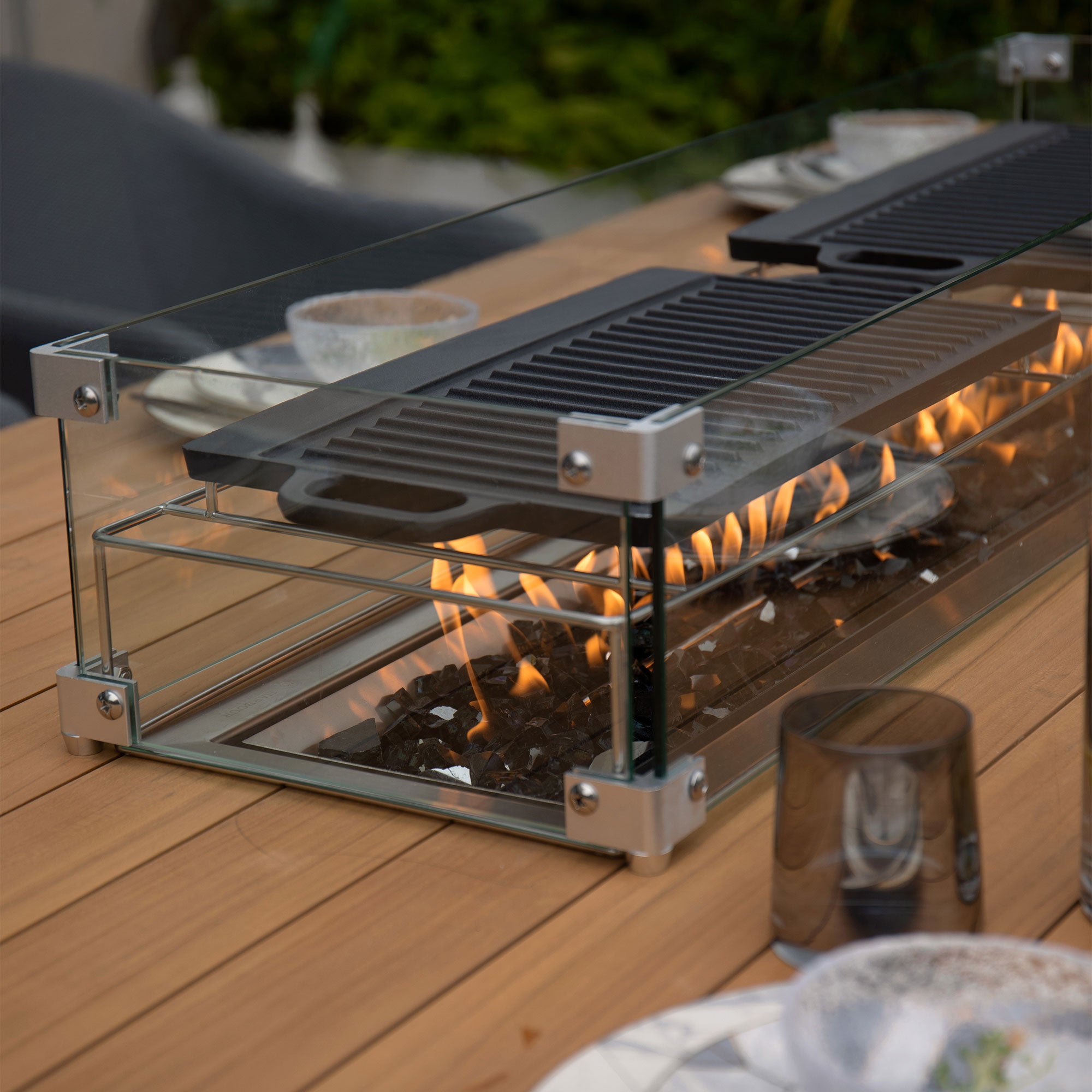 Luna 8 Seat Outdoor Fabric Rectangular Teak Firepit Dining Set in Grey