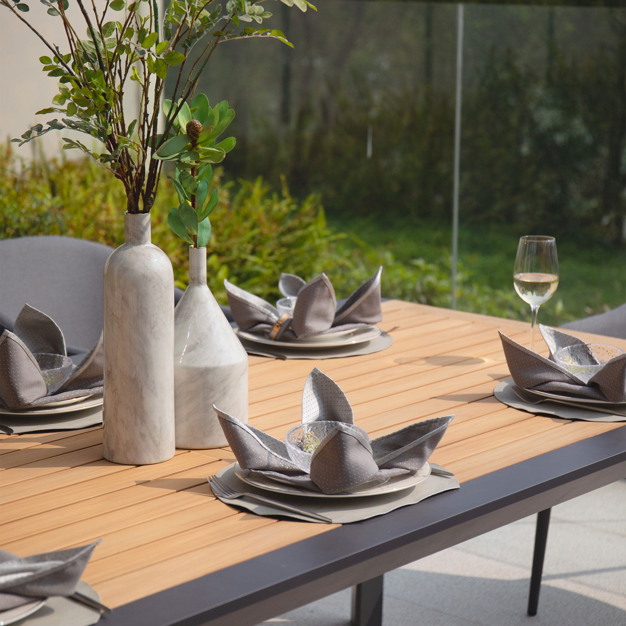 Luna 8 Seat Outdoor Fabric Extending Teak Dining Set in Grey