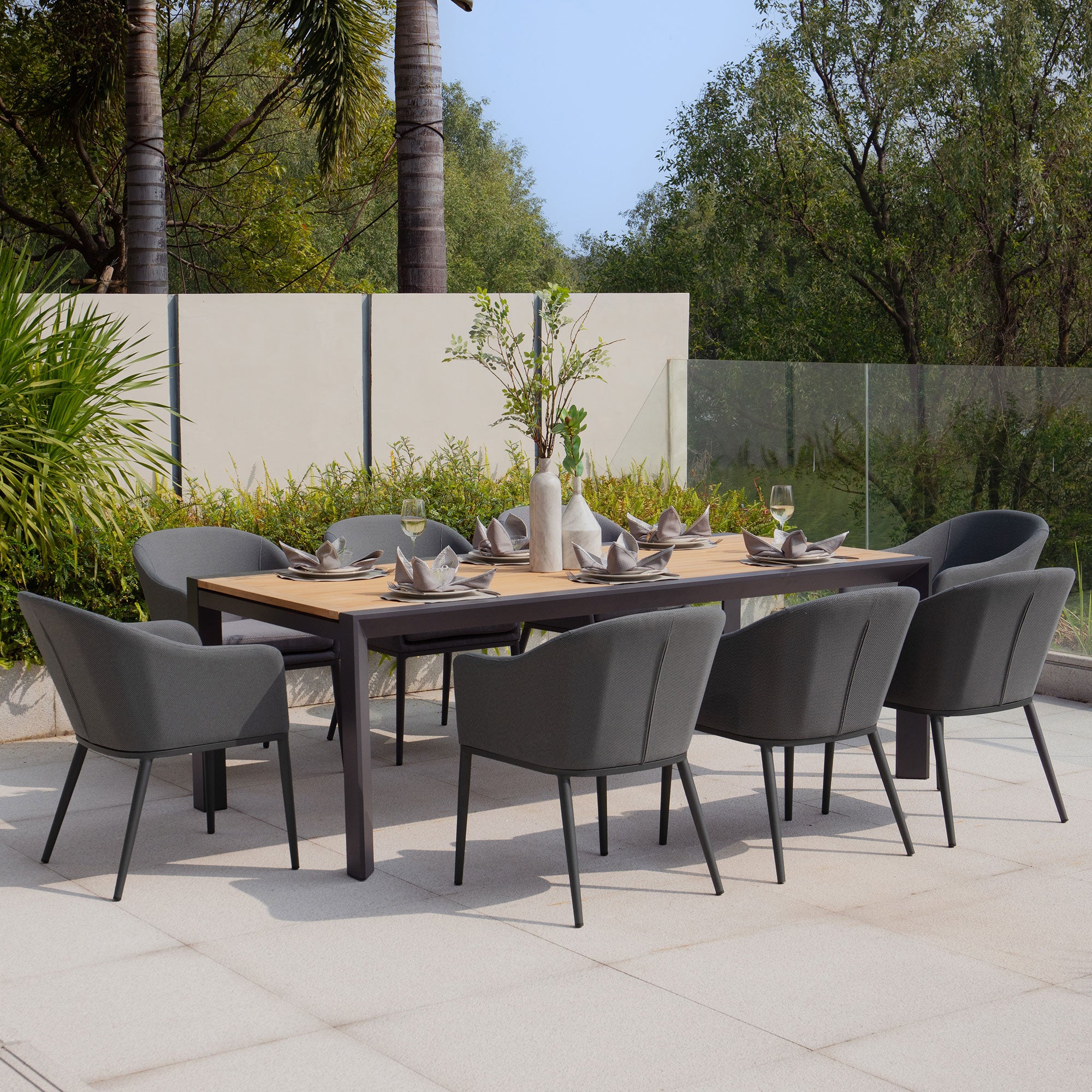 Luna 8 Seat Outdoor Fabric Extending Teak Dining Set in Grey