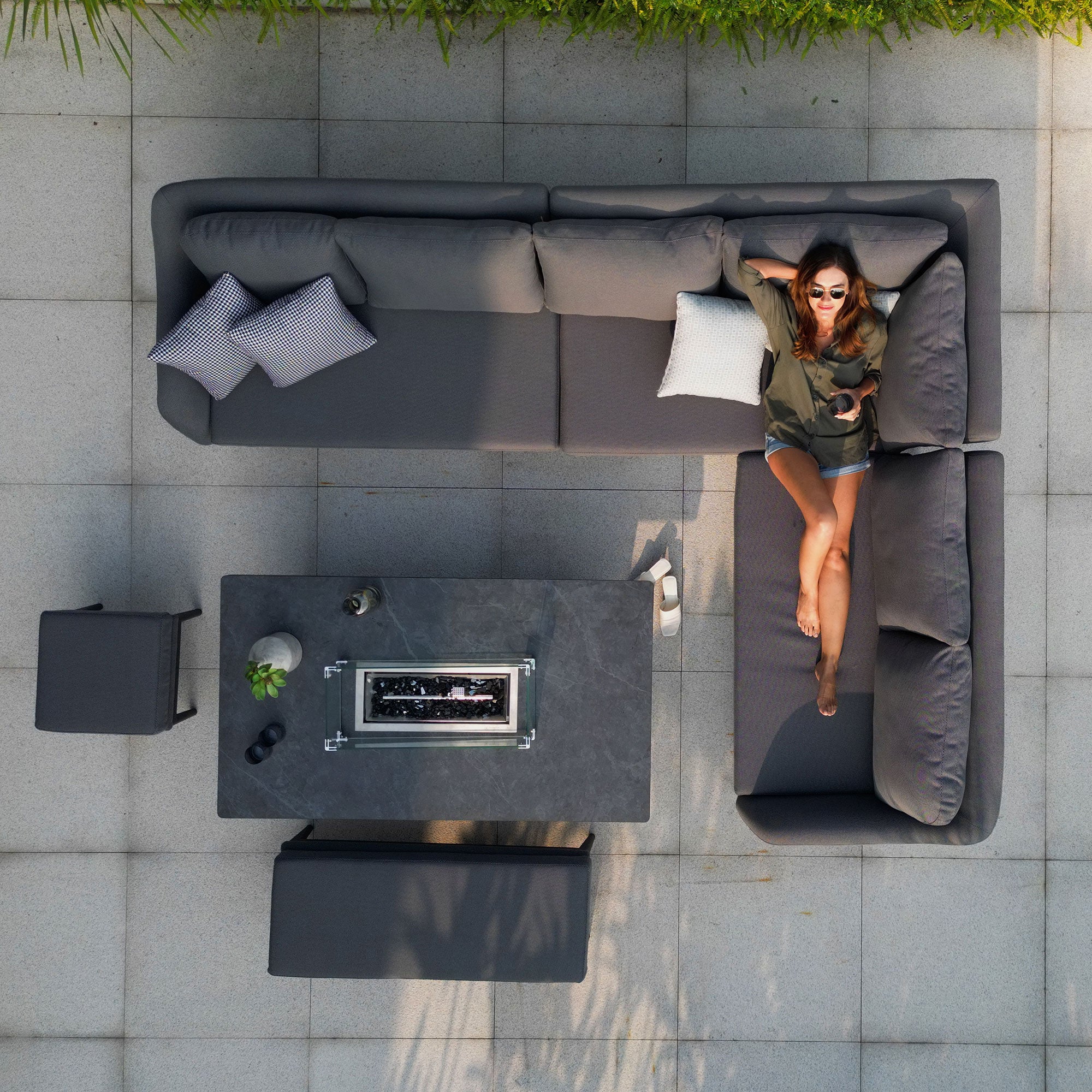 Luna Outdoor Fabric Rectangular Corner Dining Set with Rising Firepit Table in Grey (Right Hand)