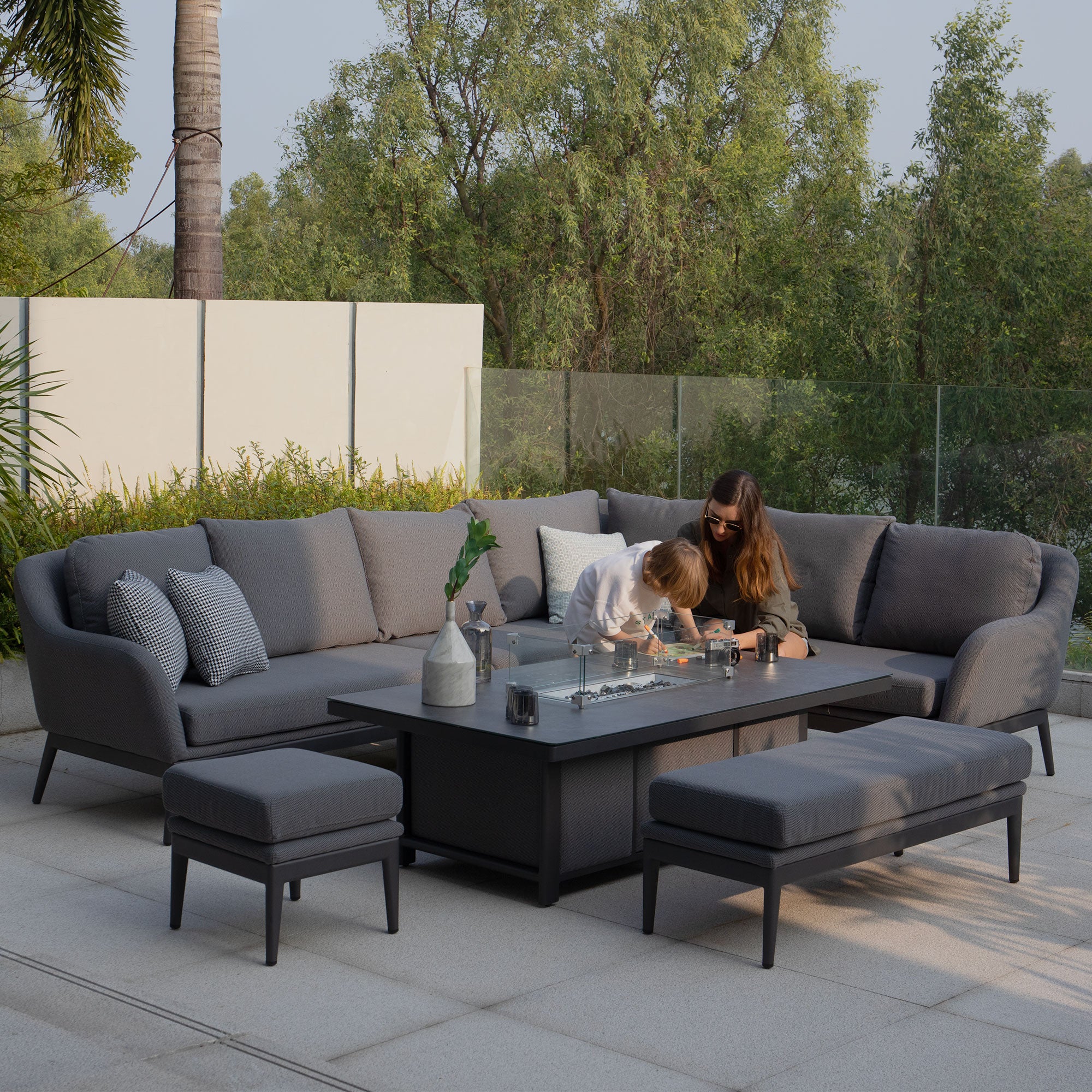 Luna Outdoor Fabric Rectangular Corner Dining Set with Rising Firepit Table in Grey (Right Hand)