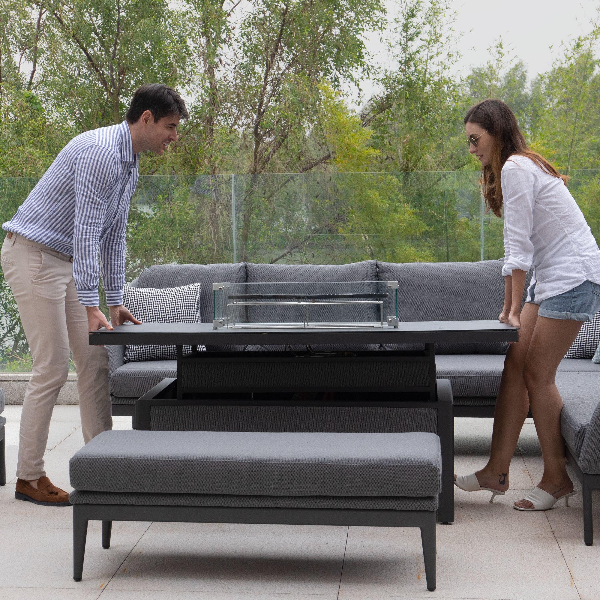 Luna Outdoor Fabric Rectangular Corner Dining Set with Rising Firepit Table in Grey (Right Hand)