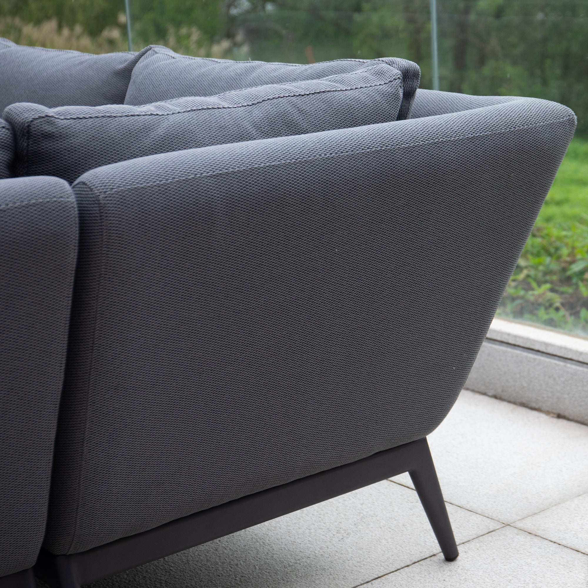 Luna Outdoor Fabric Rectangular Corner Dining Set with Rising Firepit Table in Grey (Right Hand)