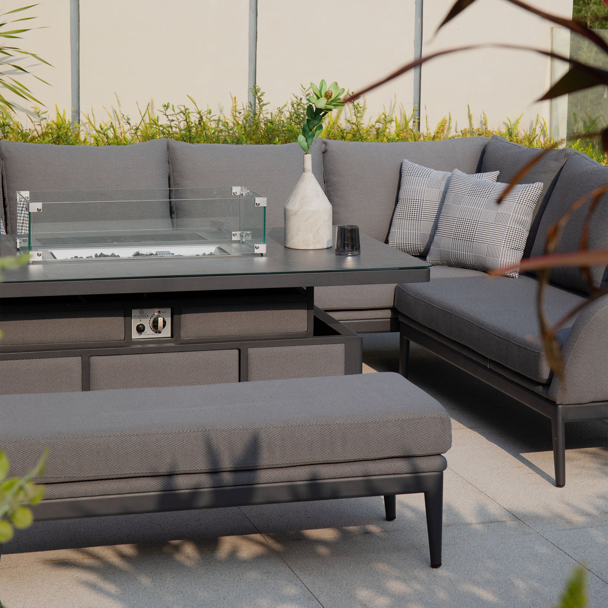 Luna Outdoor Fabric Rectangular Corner Dining Set with Rising Firepit Table in Grey (Right Hand)