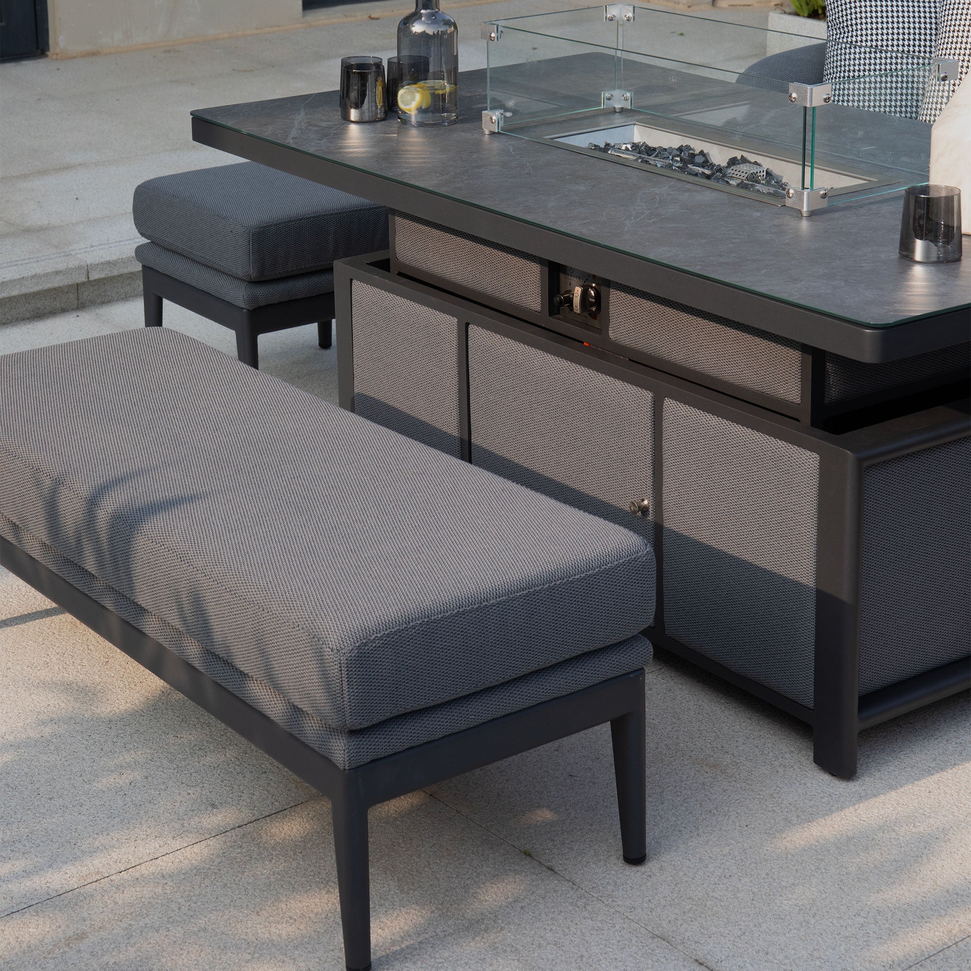 Luna Outdoor Fabric Rectangular Corner Dining Set with Rising Firepit Table in Grey (Right Hand)