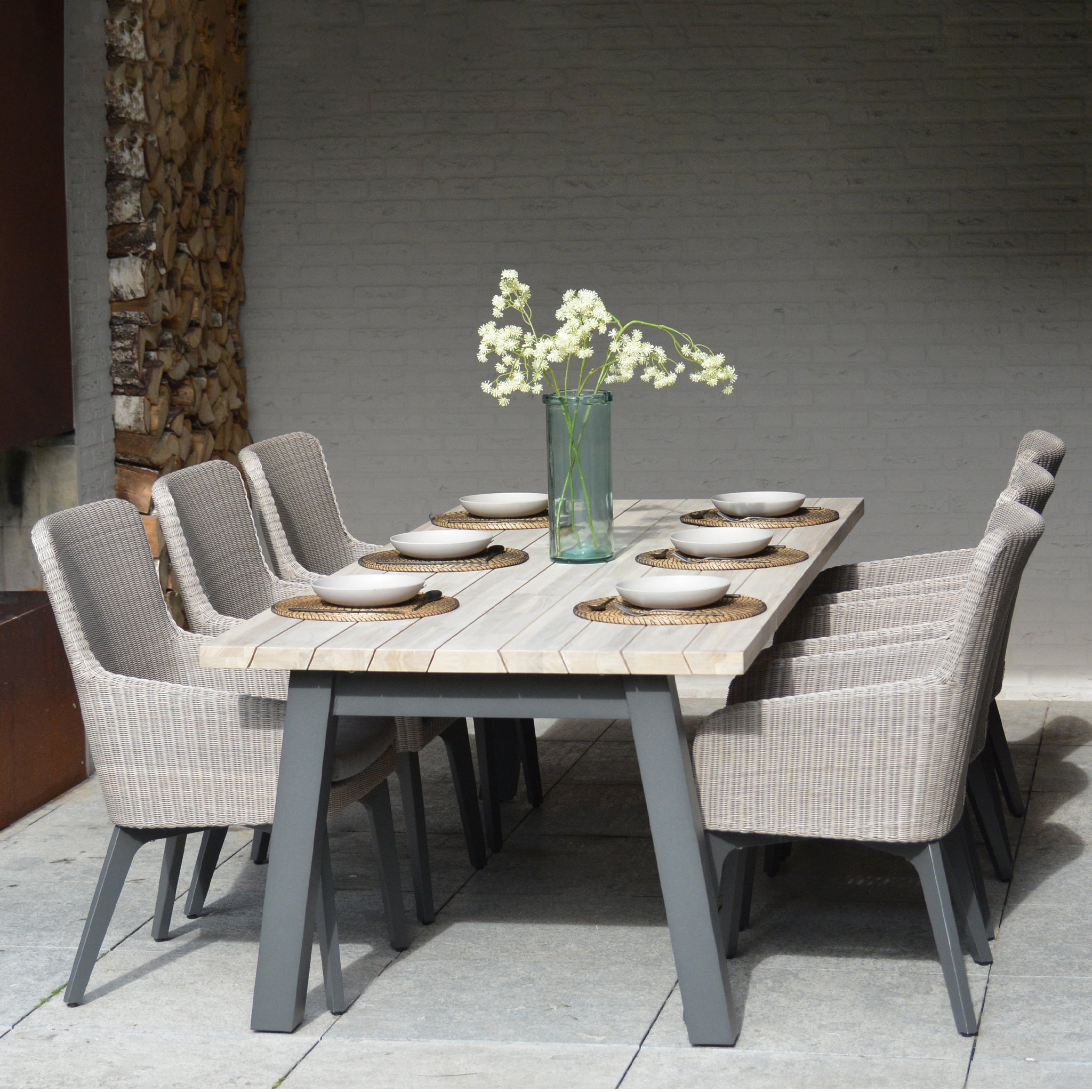 Luxor 6 Seat Rectangular Dining Set with Teak Table in Ash Grey