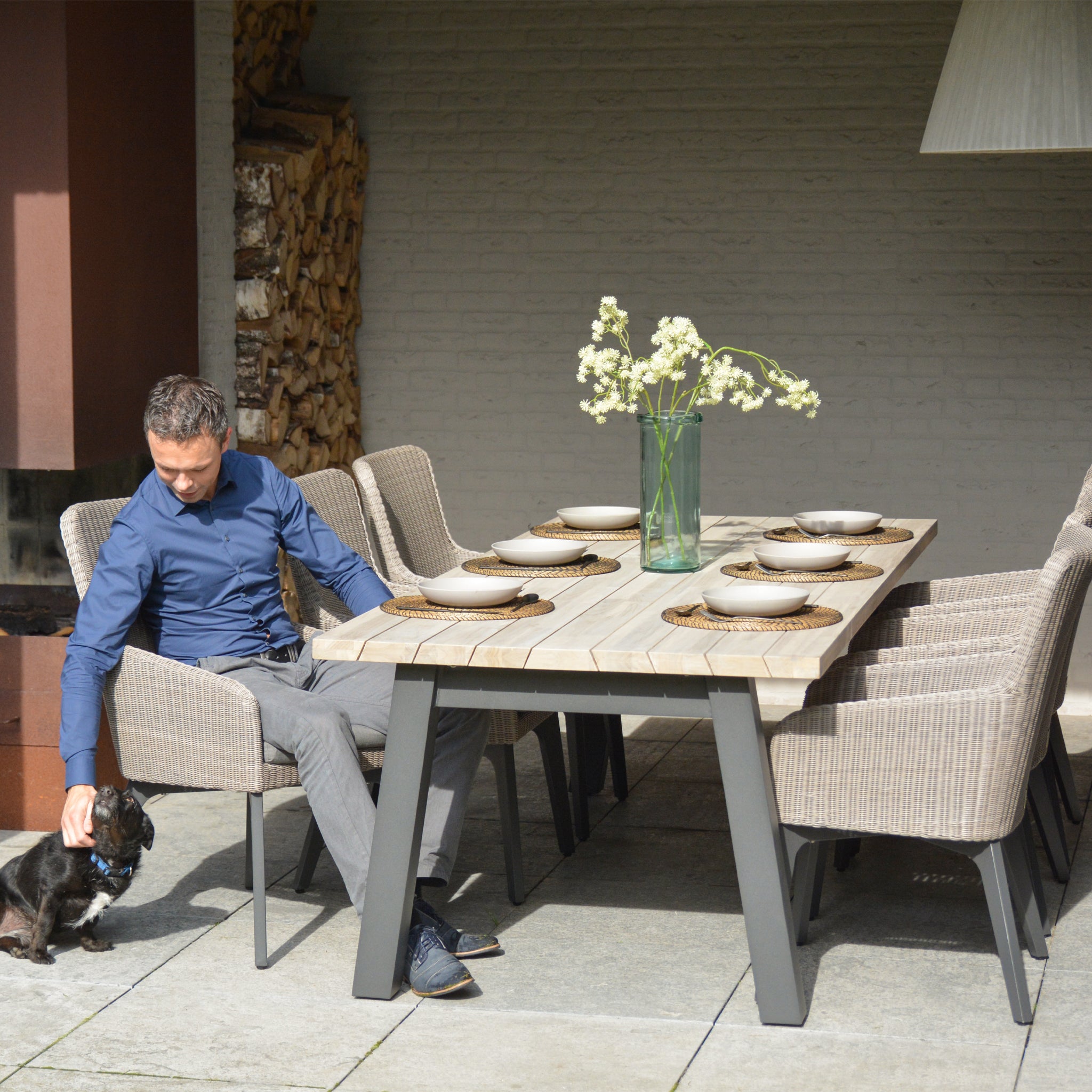 Luxor 6 Seat Rectangular Dining Set with Teak Table in Ash Grey