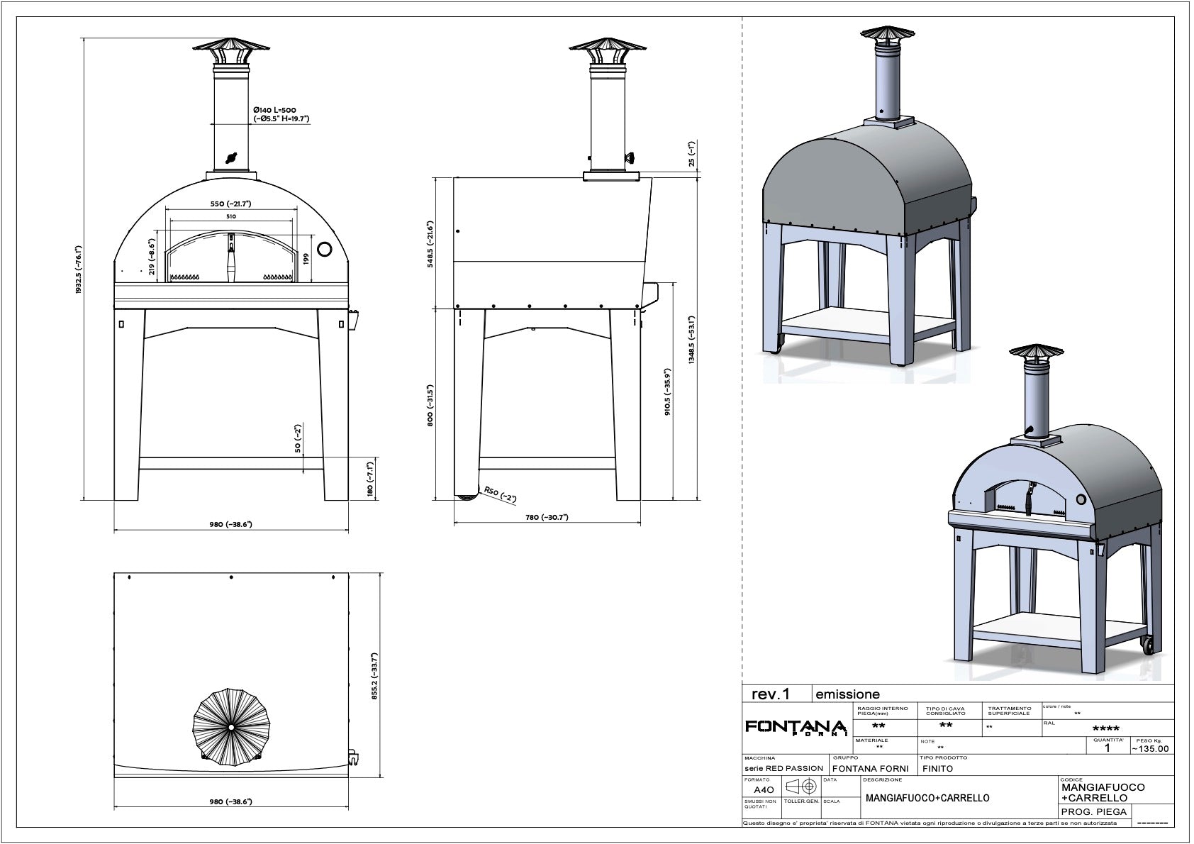 Technical drawing of the Fontana Mangiafuoco Anthracite Gas Pizza Oven Including Trolley, showcasing front, side, and 3D views with dimensions and specifications. This high-performance gas-fired oven features 304 grade stainless steel construction.