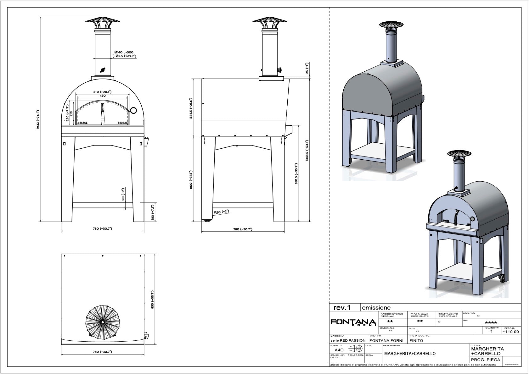 Technical drawing showing multiple views and measurements of the Fontana Margherita Anthracite Gas Pizza Oven Including Trolley, perfect for making Neapolitan pizza in your outdoor oven.