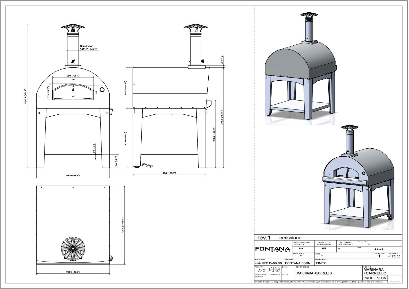 Fontana Marinara Anthracite Wood Pizza Oven Including Trolley
