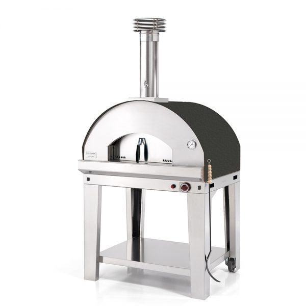 The Fontana Mangiafuoco Anthracite Gas Pizza Oven Including Trolley is a high-performance gas-fired oven constructed from 304 grade stainless steel, featuring a chimney and built-in thermometer, all mounted on a robust trolley with wheels for easy mobility.