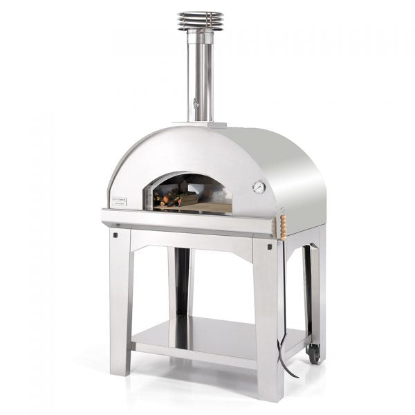 Fontana Mangiafuoco Stainless Wood Pizza Oven with Trolley, featuring a chimney, built-in thermometer, and convenient storage shelf below.