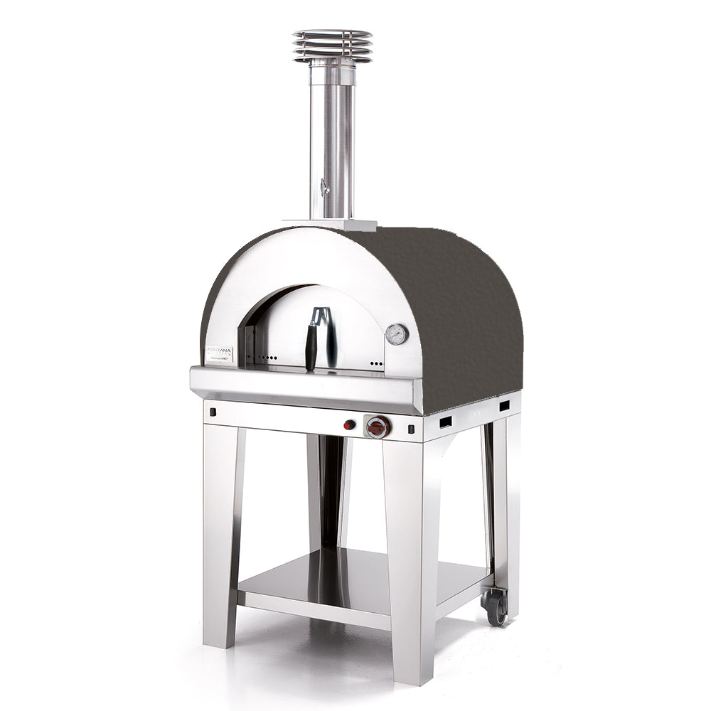 The Fontana Margherita Anthracite Gas Pizza Oven, which comes with a convenient trolley, is a stainless steel outdoor oven featuring legs, a chimney, and an undershelf – ideal for making authentic Neapolitan pizza.