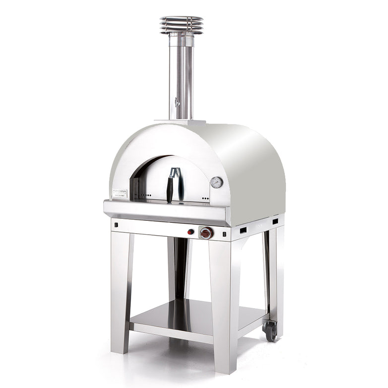 The Fontana Margherita Stainless Steel Gas Pizza Oven Including Trolley features a stainless steel design with a chimney on top and is mounted on a wheeled stand that includes a shelf below.