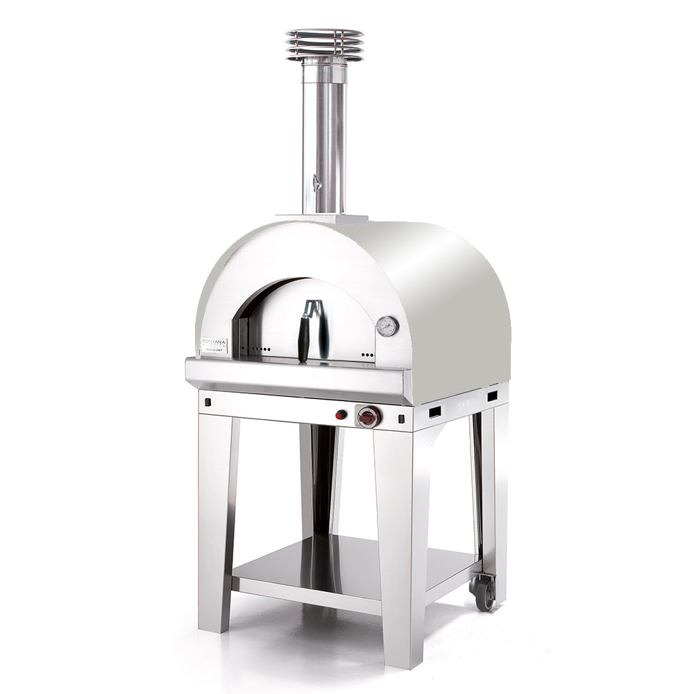 The Fontana Margherita Stainless Steel Gas Pizza Oven, complete with a chimney and trolley, is designed for modern outdoor cooking.