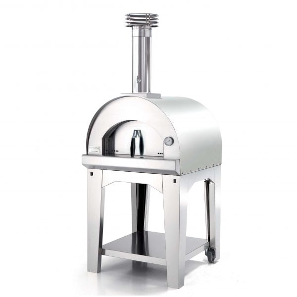 The Fontana Margherita Stainless Steel Wood Pizza Oven Including Trolley is a top-tier 304 grade stainless steel wood-fired oven, featuring a chimney, thermometer, and convenient storage shelf underneath.