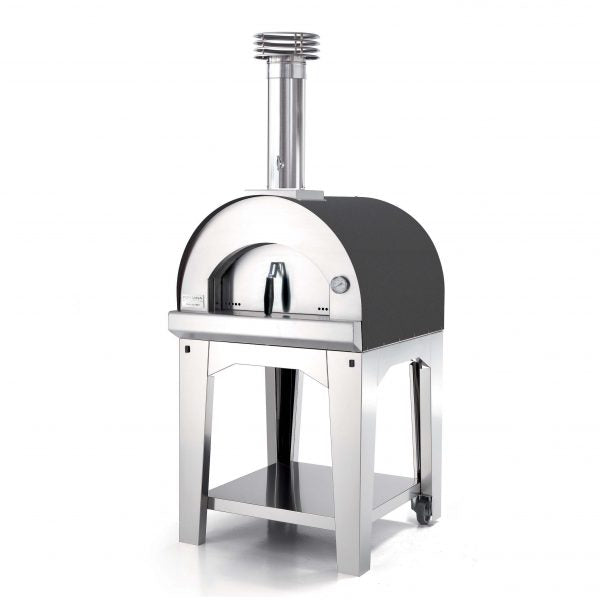 The Fontana Margherita Anthracite Wood Pizza Oven Including Trolley, a stainless steel outdoor pizza oven with a chimney, stand on wheels, and a storage shelf, is perfect for making Neapolitan pizzas.
