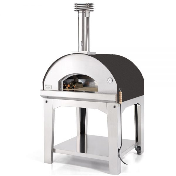 The Fontana Marinara Anthracite Wood Pizza Oven, which includes a trolley, boasts a stainless steel design complete with a chimney and storage shelf. It comes fully assembled with refractory chamotte for optimal heat retention, ready for immediate use.