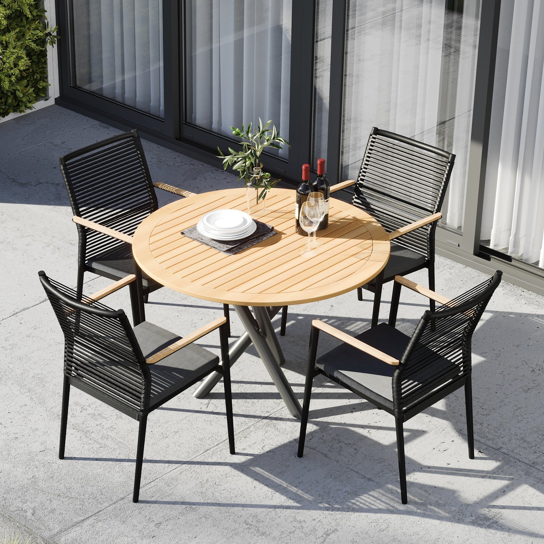 Portland 4 Seat Round Dining Set with Teak Table in Charcoal