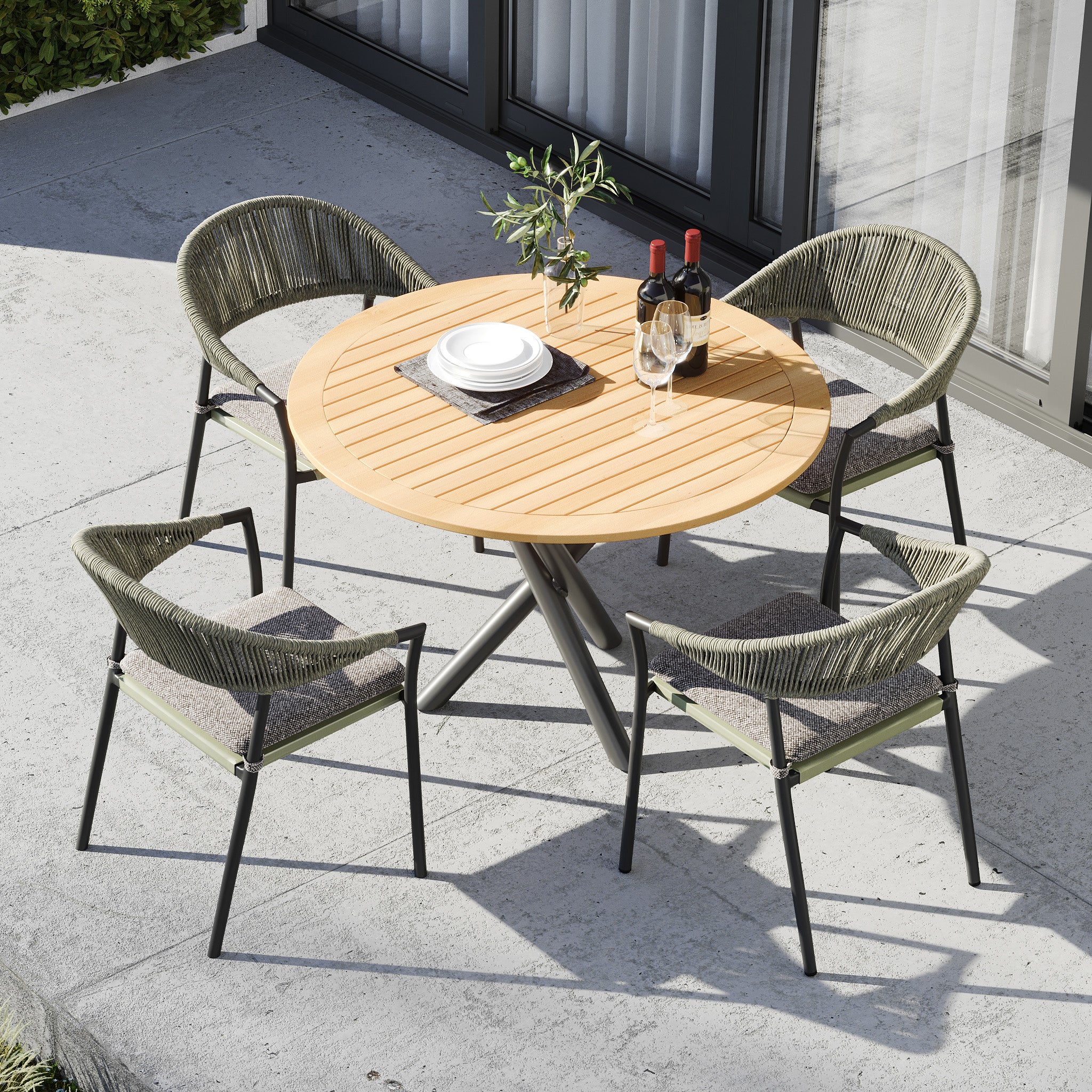 Cloverly 4 Seat Round Dining Set with Teak Table Top in Olive Green