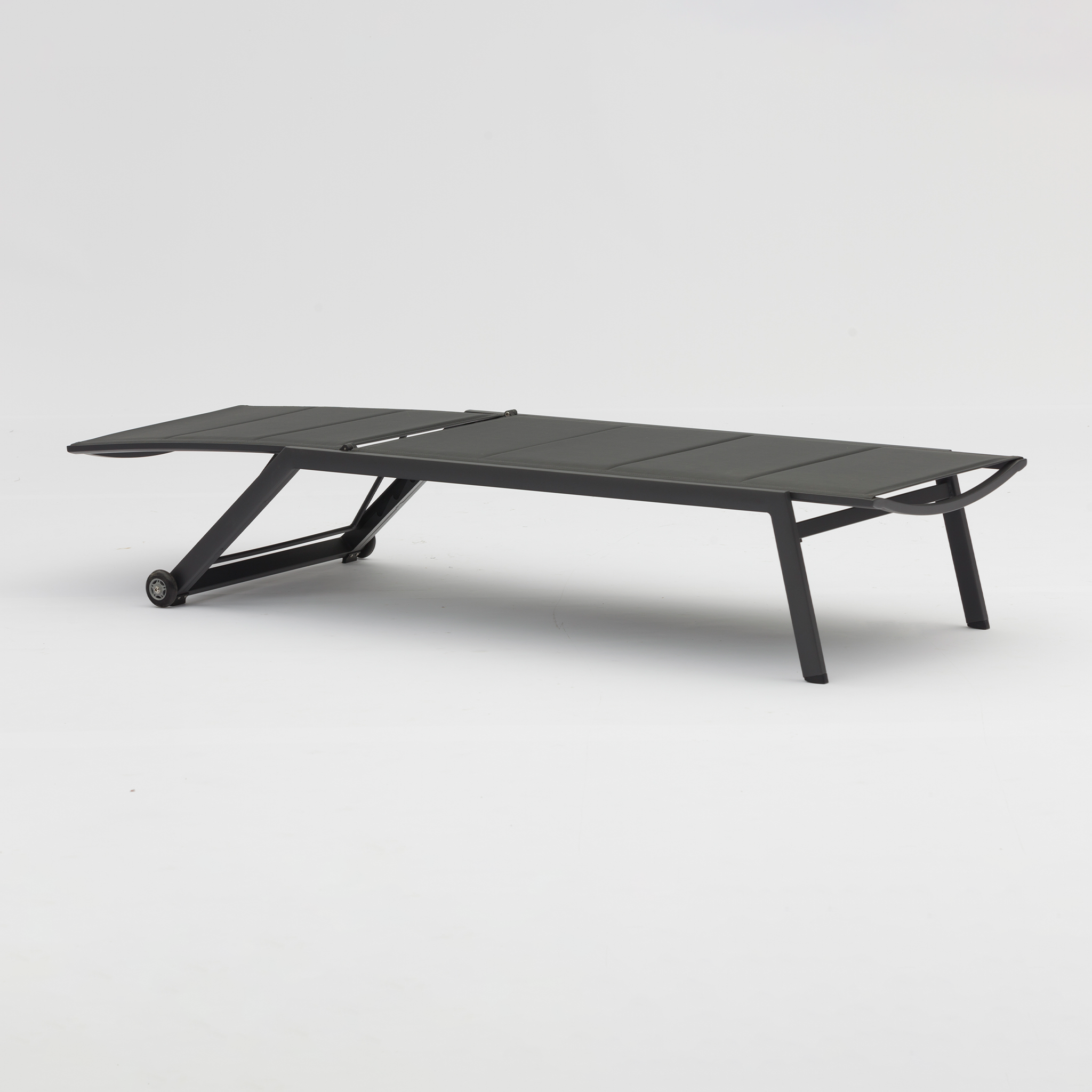 A sleek, charcoal Monaco Padded Sunlounger with wheels, crafted from Tiger Drylac aluminium and featuring tear-resistant fabric, set against a plain white background.