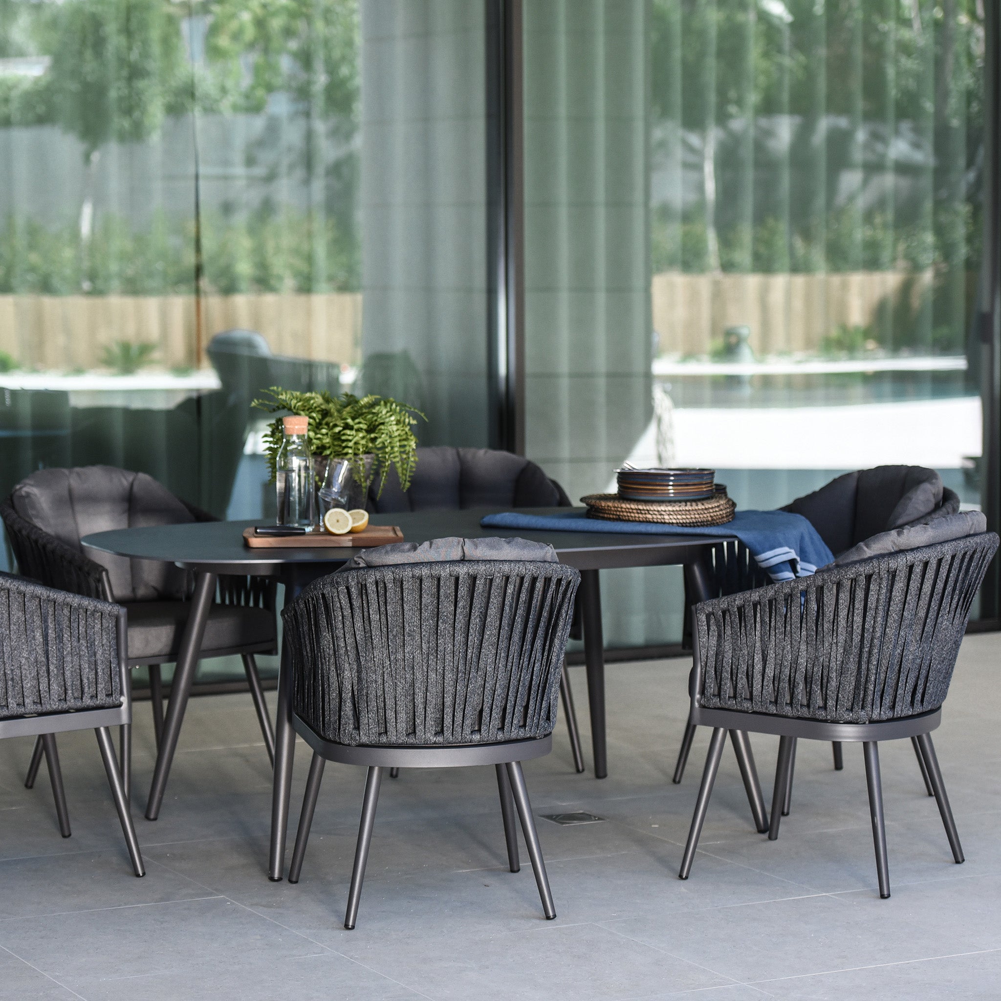 Monterrey 6 Seat Rope Dining Set with Oval Ceramic Table in Grey