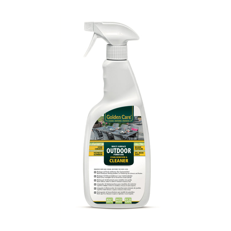 A white spray bottle of Golden Care Multi Surface Cleaner (0.75 Litre) with a green and yellow label, showcasing its effectiveness as an outdoor furniture cleaner by displaying images of pristine patio settings.