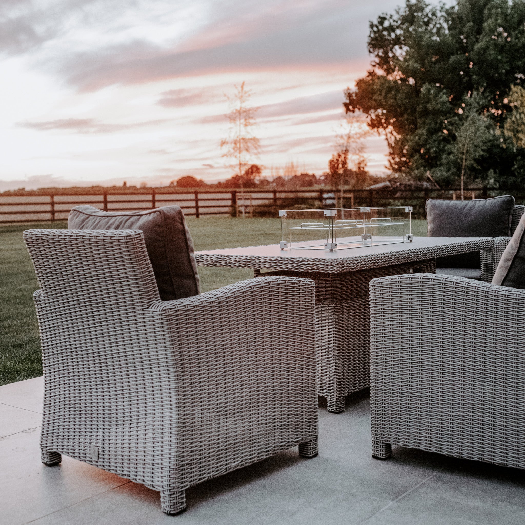 Santiago Rattan Sofa Dining Set with Rising Firepit Table in Grey
