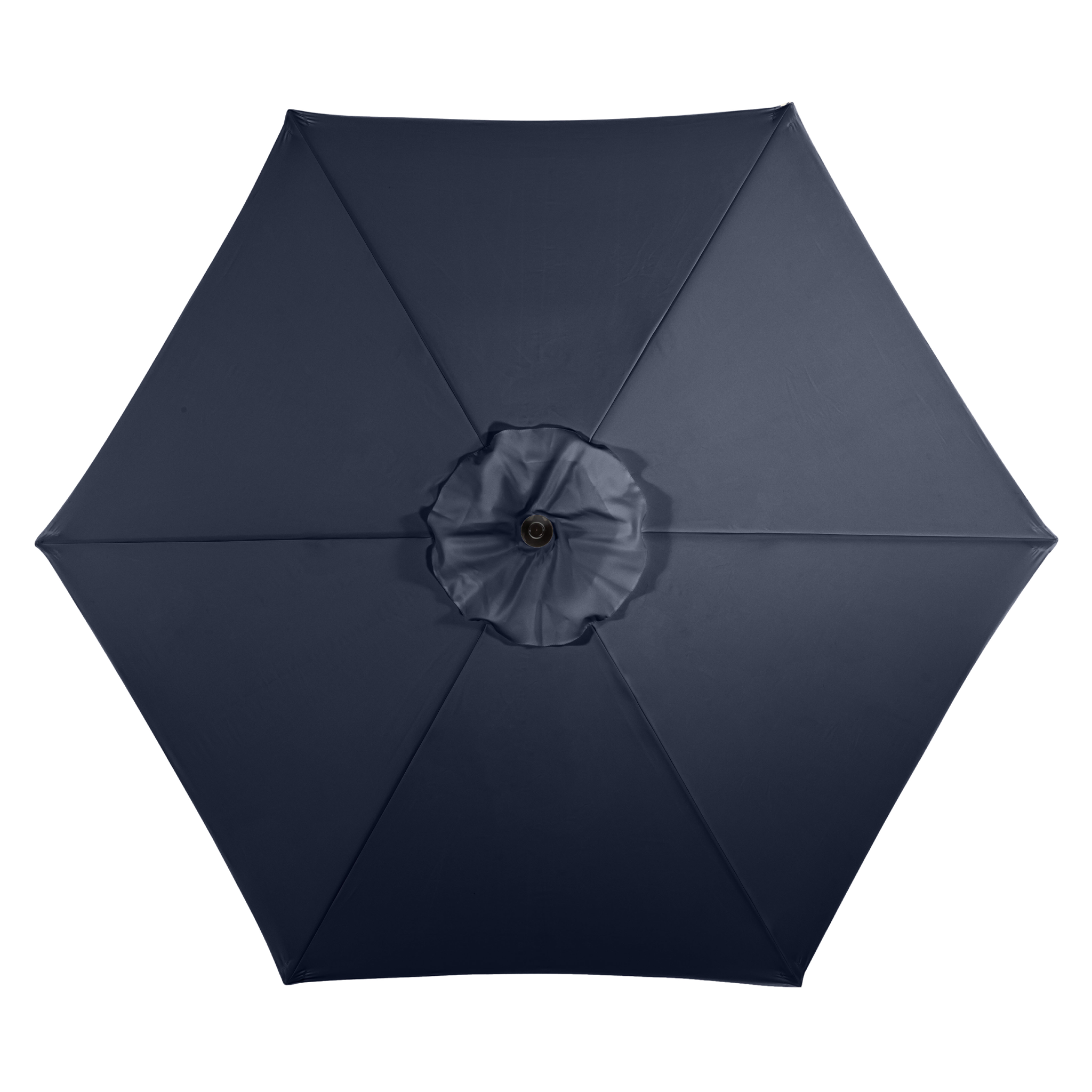A top-down view of a Triton 3m Round Aluminium Parasol in navy, featuring a circular pattern in the center and boasting a UV rating of 50+.
