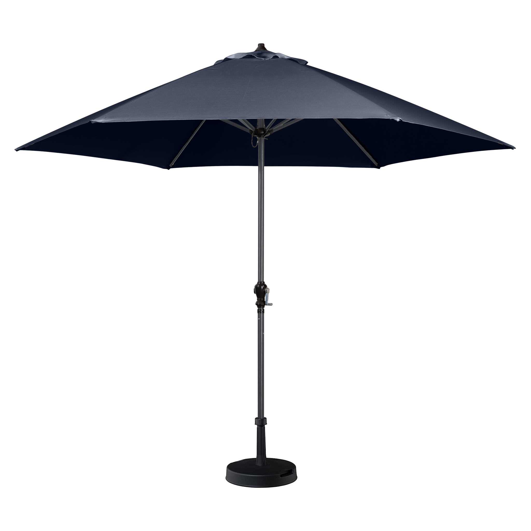 A Triton 3m Round Aluminium Parasol in Navy with a metal pole and base, fully opened and standing upright, boasting a UV rating of 50+.