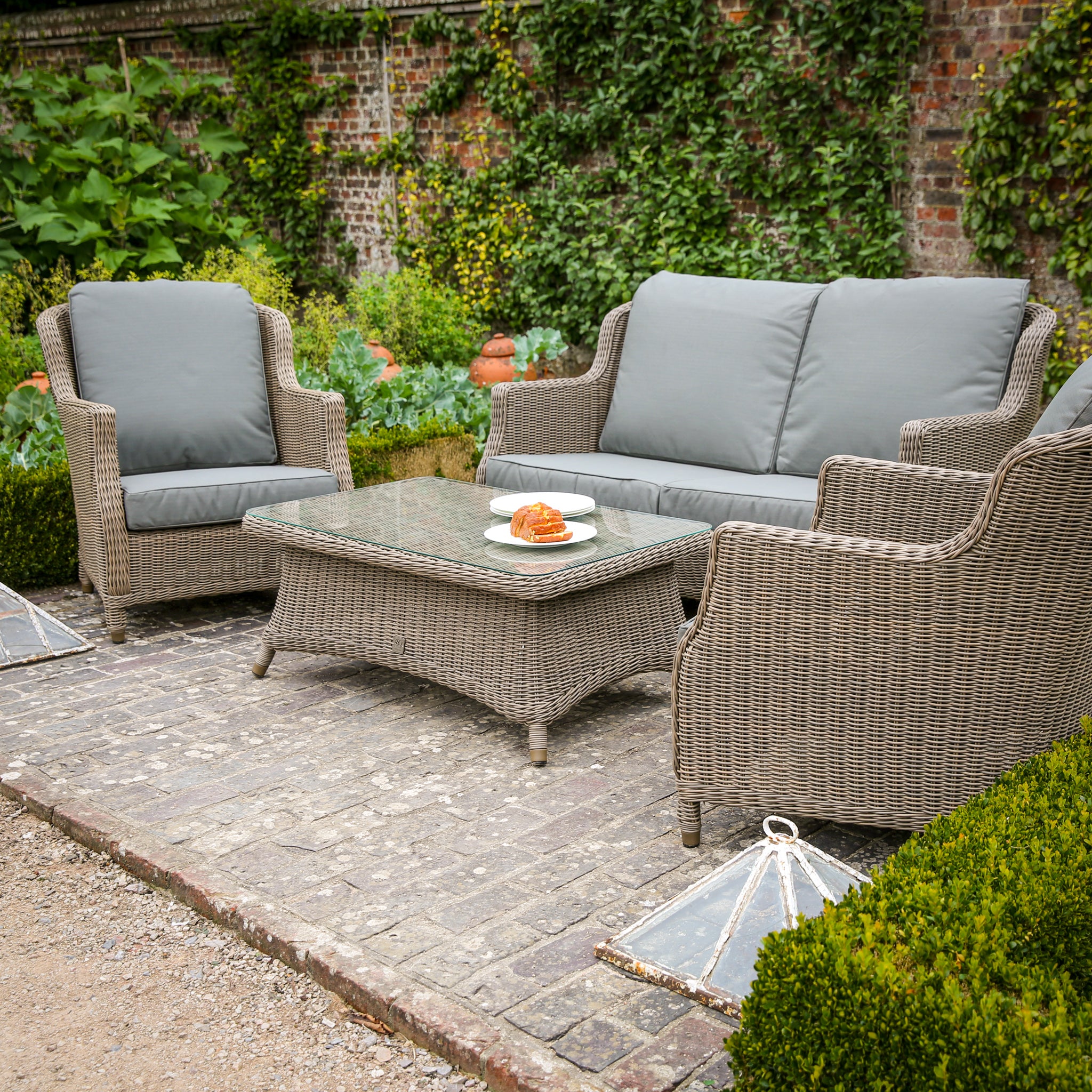 Brighton 2 Seat Sofa Set with Glass Topped Table and Footstool in Light Brown