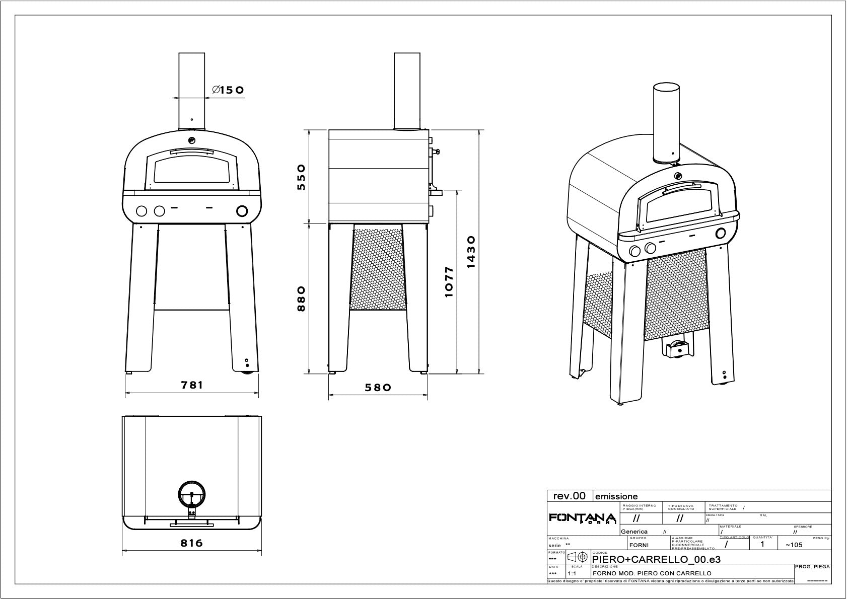 Technical drawing of a Fontana Piero Gas & Wood Pizza Oven Including Trolley with front, side, and top views, showing dimensions and structural details.