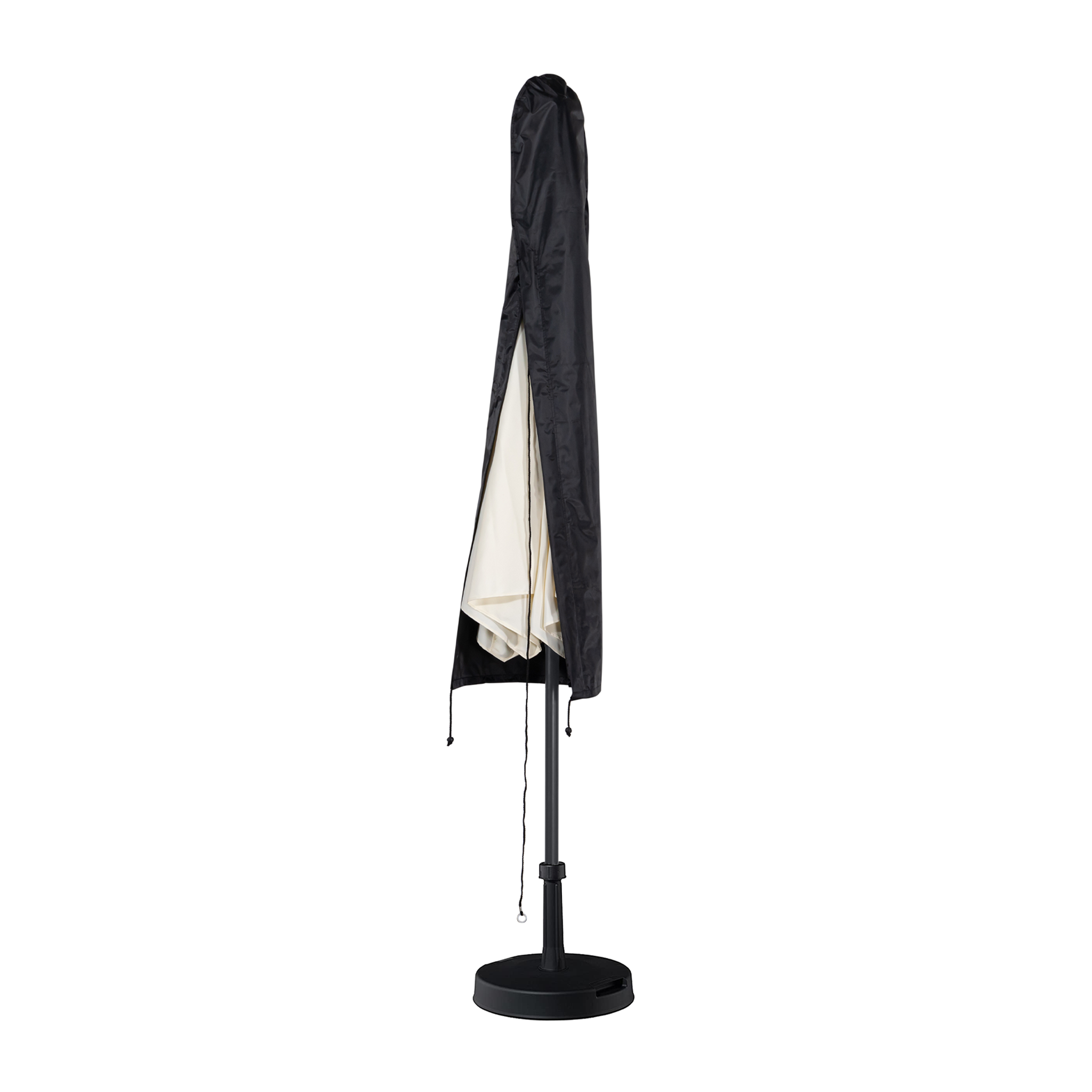 A 3m Garden Parasol, closed and partially covered with a black Waterproof Cover 3m Parasol, stands upright on a round base.