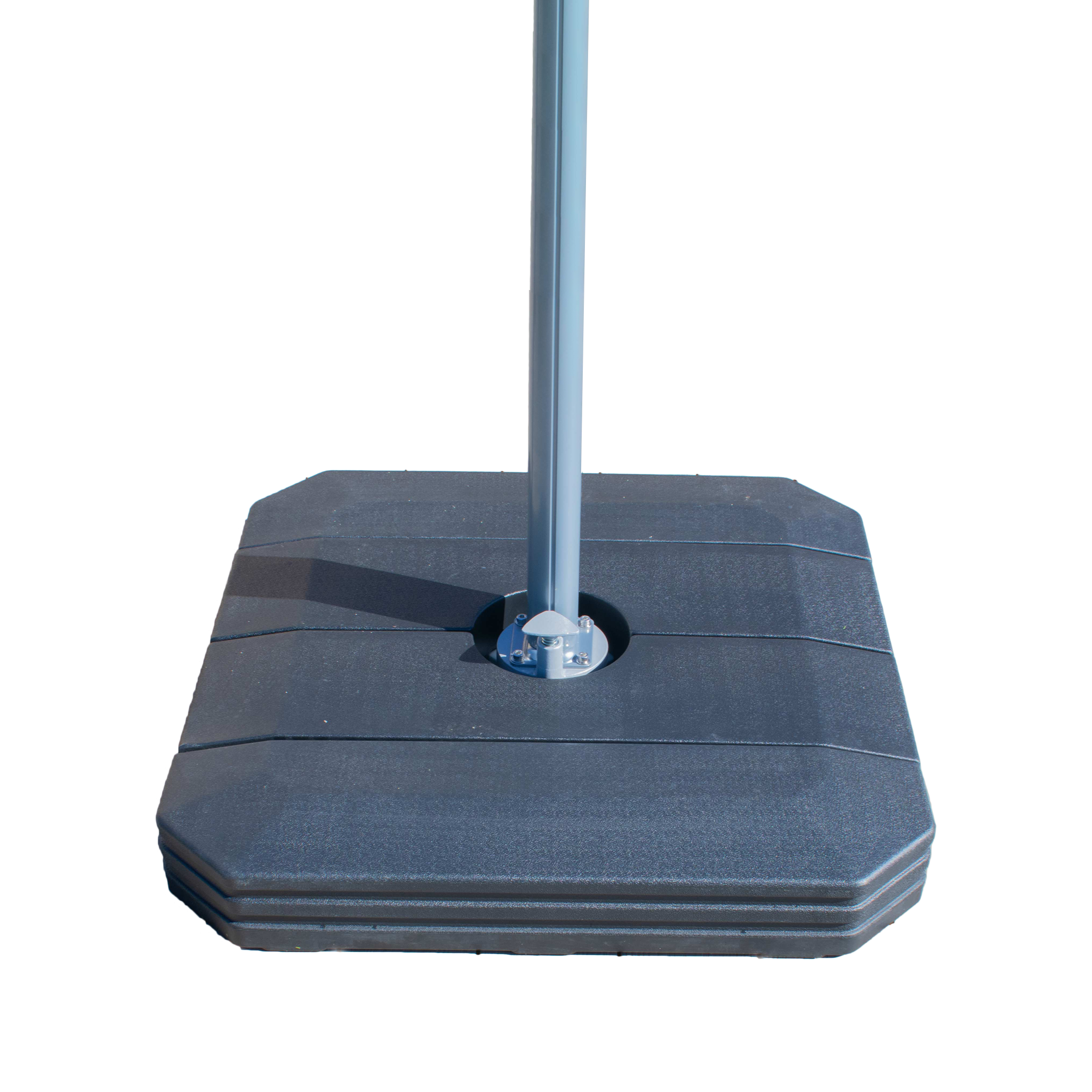 A square base with an Ares 3m Square Cantilever Parasol in charcoal, featuring a blue pole at the center, equipped with solar-powered LED lights and casting a shadow on the ground.