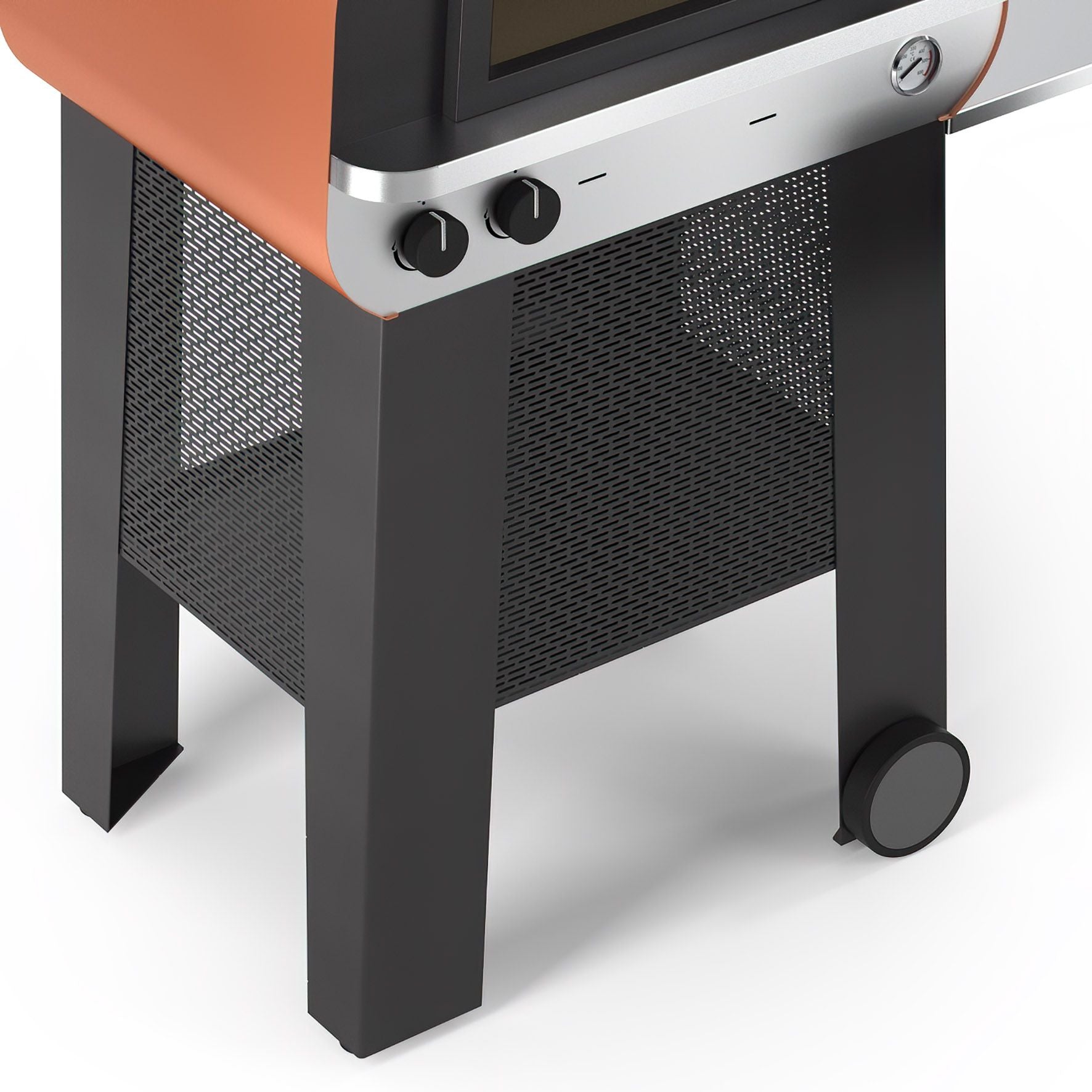 Close-up of a modern, black and orange outdoor grill featuring control knobs and a mesh storage shelf, evoking the sleek design of the Fontana Piero Gas & Wood Pizza Oven Including Trolley.