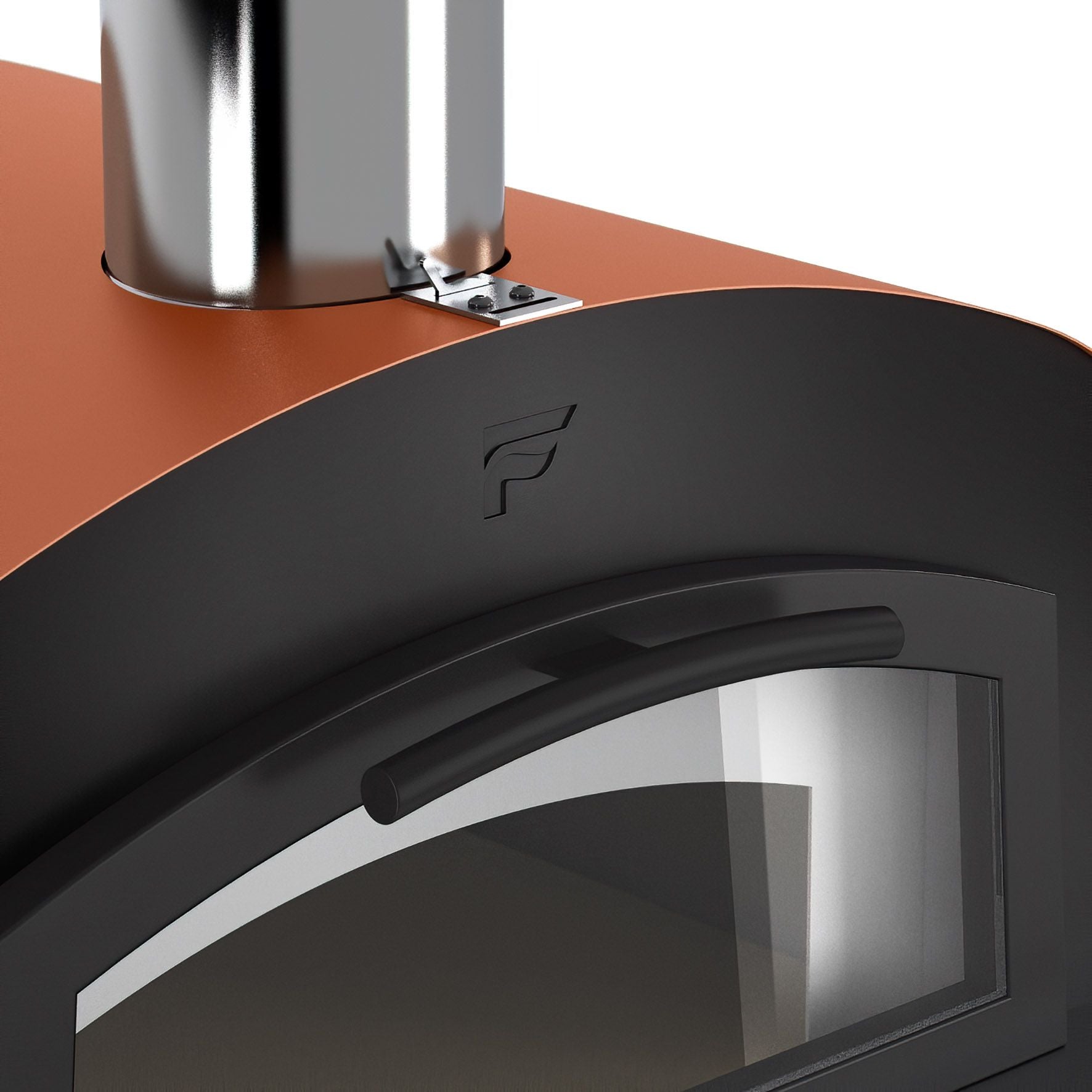 Close-up of the modern Fontana Piero Gas & Wood Pizza Oven Including Trolley, showcasing its sleek design with a metal chimney and a glass door complete with a handle.