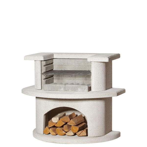 The Buschbeck Venedig Grill Bar Masonry Barbecue is a white concrete masonry barbecue featuring an adjustable cooking height, complete with a cooking rack and a storage space for firewood below.