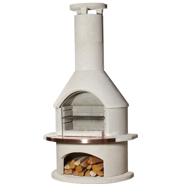 A Buschbeck Rondo Masonry Barbecue, featuring a chimney, double-skinned construction, firewood storage area below, and a heavy-duty chrome grill.