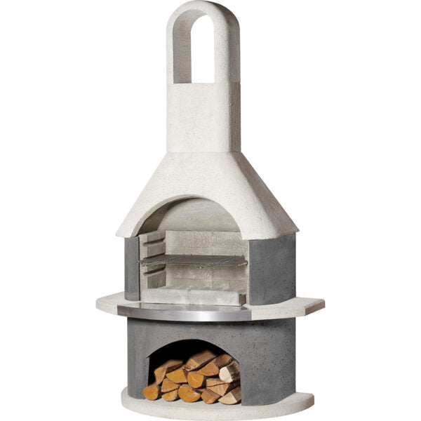 Transform your backyard with the Buschbeck Stockholm Masonry Barbecue, featuring a tall chimney, an integrated grilling area, and a convenient firewood storage space underneath. This outdoor stone fireplace not only serves as an excellent patio heater but also adds timeless style and function to your outdoor living space.