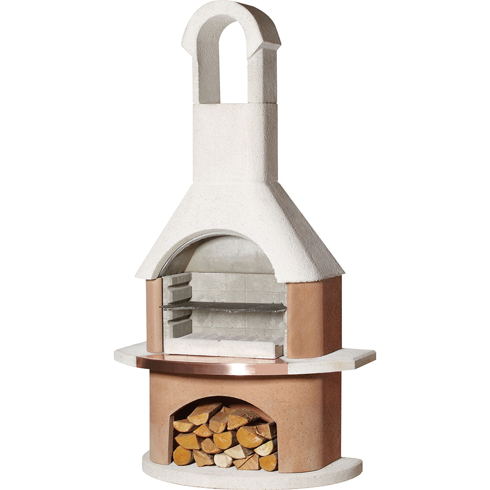 The Buschbeck Toscana Masonry Barbecue is a stone outdoor fireplace that features wood storage at the base, a curved chimney, and a grilling rack - ideal for any natural fuel fireplace setup.